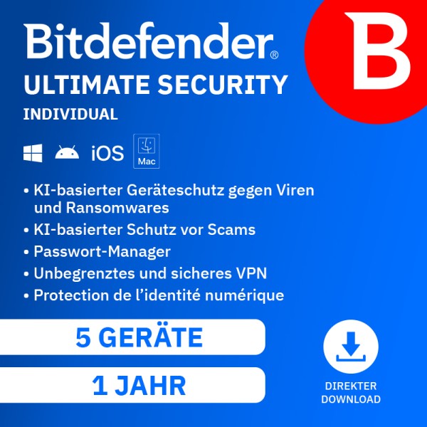 Bitdefender Ultimate Security Individual 2026/2027 | 5 Geräte - 1 Jahr